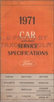 1971 Ford Servicio Gafas Suplemento Manual MUSTANG Torino Ranchero Galaxie T Ave - Imagen 1 de 2