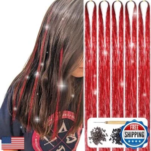 AIFIHIYI Hair Tinsel Kit with Tools Red Glitter Tinsel Hair Extensions 48 Inc - Picture 1 of 5