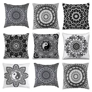 Black & White Indian Mandala Geometric Cushion Cover Pillow Boho Sofa Square 16"