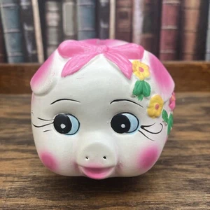 Vtg pink piggy bank 4 1/2” cute face smiling floral/bow - Picture 1 of 9
