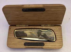 Vanadium Stainless Steel Folding Locking Pocket Knife Eagle Handle w/ Oak Case - Picture 1 of 3