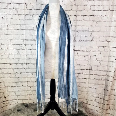 Cejon Semi Sheer Blue White Silver Metallic Linen Viscose Blend Oblong Scarf  - Image 1 of 4