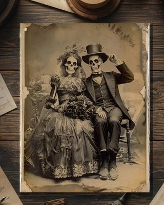 Tarjeta de boda vintage victoriana esqueleto novia novio gótico macabro aniversario Foto 1 de 4