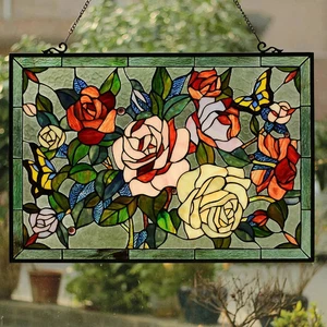 Floral Tiffany Style Stained Glass Hanging Window Panel Rose Flower Design - Picture 1 of 4