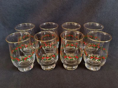 Libbey Christmas Arby's Flat Tumblers Holly Berry Ribbon Glasses 5" VTG Set Of 8 - Image 1 of 4