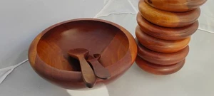 Vintage - Wooden Salad Bowl Set - 1 Large  Bowl, 6 Small Bowls, Fork & Spoon - Picture 1 of 7