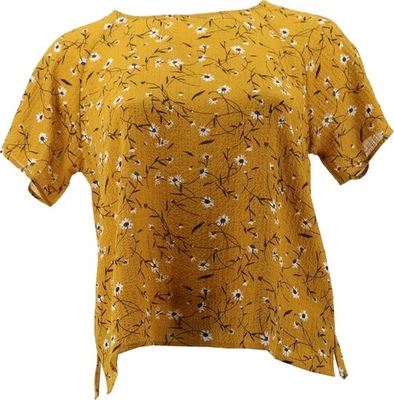 Blusa Joan Rivers Estampado Floral Plisada Trasera Invertida Dorada XL NUEVA SIN ETIQUETAS (971) Foto 1 de 4