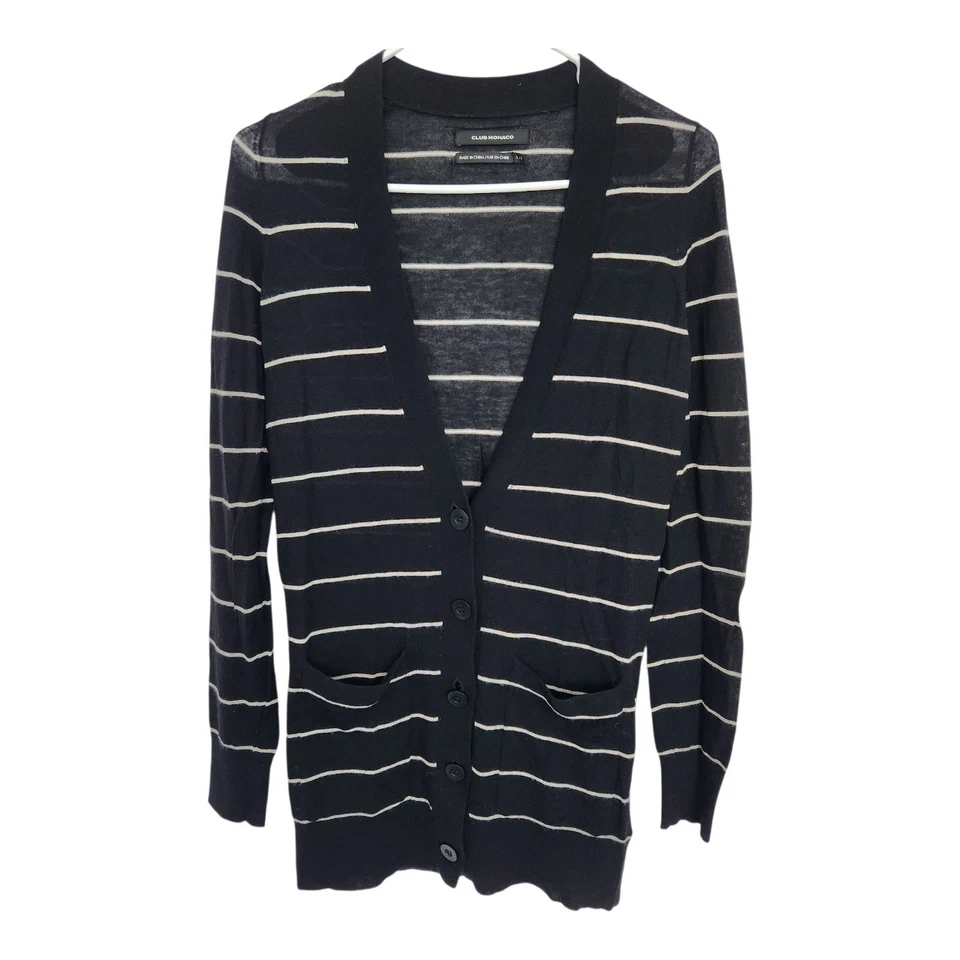 Cárdigan Club Monaco Pequeño S 100% Cachemira Negro Blanco Rayas Manga Larga Foto 1 de 4