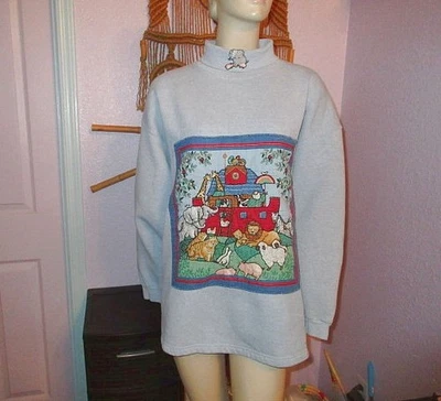 Vtg Noah's Ark Sweatshirt Size XL Rainbow Embroidered Elephant Turtleneck USA - Image 1 of 4