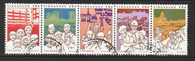 SINGAPORE 1984 TOTAL DEFENCE SE-TENANT STRIP OF 5 STAMPS SC#448 IN FINE USED - Image 1 of 4
