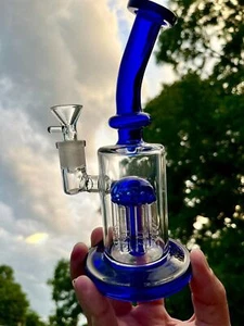 7" Blue 4-Arm Percolator Water Pipe Glass Bong Bubbler Glass Hookah Filter 14mm - Picture 1 of 8
