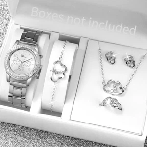 6Pcs/Set Women'S Watch Fashion Rhinestone Stainless Steel Band Quartz Watch Doub - Picture 1 of 15