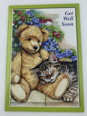 Tarjeta de felicitación Get Well Soon oso de peluche gatito gato Debbie Cook Humane Society Foto 1 de 2