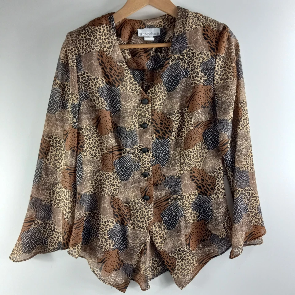 复古 Dressbarn 衬衫上衣女式 8 码棕色黑色动物印花 V 领 — 第 1/4 张图片