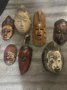 Hand carved Mask Kaolin and wood Nigeria Set 7 Pcs - Picture 1 of 9