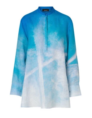 Blusa Top Akris St Gallen Estampado Cielo Lino Azul Blanco Nubes Medio Botón 10 Foto 1 de 4