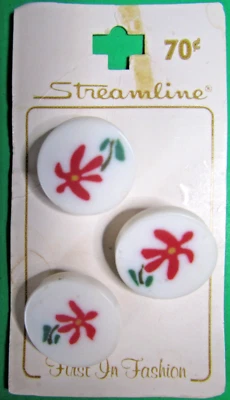 (3) RARE STREAMLINE 3/4" RED FLORAL CANE WORK WHITE PLASTIC SHANK BUTTONS-S706 - Image 1 of 4