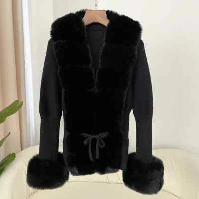 OFTBUY Winter Warm Knitted Sweater Faux Fox Fur Collar Women Thick Coat - Image 1 of 4