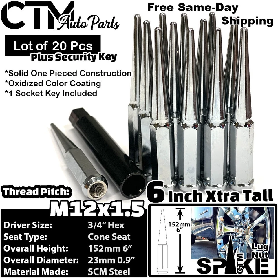20x 6" Xtra Tall Chrome 12x1.5 Spike Lug Nut +Key Fit Chevy Malibu Corvette More - Image 1 of 4