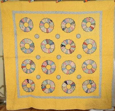 WELL QUILTED Vintage 30's Dresden Plate Antique Quilt ~Cheddar Yellow Background - Image 1 of 4
