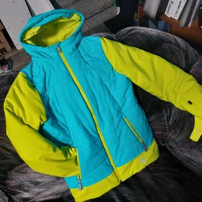 SPYDER Girls MOXIE Winter Ski Snow Jacket Sz 14 Turquoise Neon Yellow  Insulated - Image 1 of 4