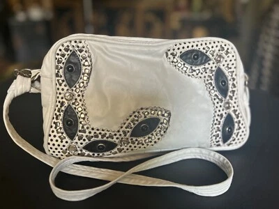 70s White Soft Leather Studs Jeweled  Crossbody Shoulder Bag Hippie Boho VTG - Image 1 of 4