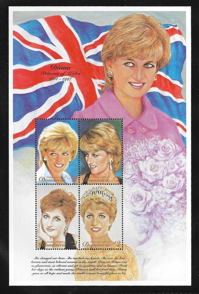 MNH Dominica Scott # 2010 Diana Princesa de Gales 1961 - 1997 Hoja de recuerdo Bandera Foto 1 de 1