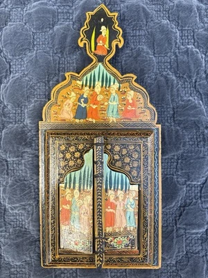 Antique Hand-Painted Persian Mirror Shrine Box Double Doors – Art Scene – 17” - Image 1 of 4