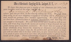 1878 Anzeige Postkarte Merchant's Gargling Oil Co Lockport NY / Re Almanache für 1879 - Bild 1 von 2