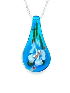 Lampwork Glas Blume Anhänger/Ornament mit 17-18,5" Silber geflochtene Kordel - Bild 1 von 1