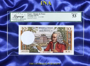 FRANCE 5-12-1963 10-Francs Currency Bank Note P#147a LEGACY AU 53 Voltaire - Picture 1 of 2