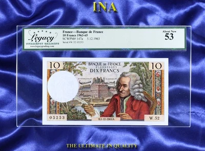 FRANCE 5-12-1963 10-Francs Currency Bank Note P#147a LEGACY AU 53 Voltaire - Image 1 of 2