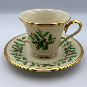 VTG Lenox Holiday Dimension Holly Coffee Tea Cup & Saucer Gold Trim - Picture 1 of 6