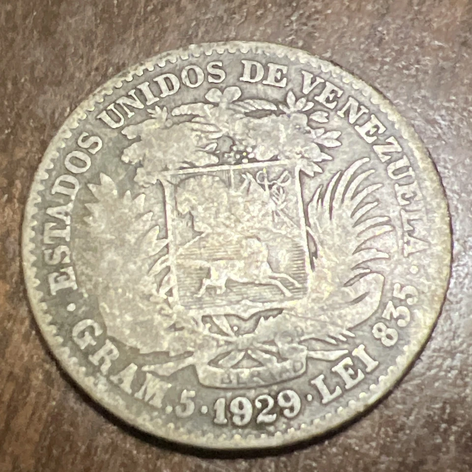 Venezuela Coin two bolivars 1929 silver  Actual Coin - Image 1 of 2