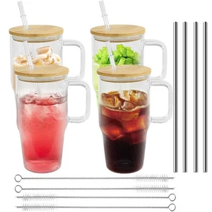 4 Stück Glas Tassen mit Bambus Deckel und Strohhalme - 20 Unzen Becher mit Griff, Breite M... - Bild 1 von 7