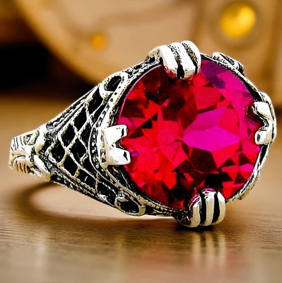 СТАРИННЫЙ СТИЛЬ 925 ПРОБЫ СЕРЕБРА 5 КАРАТ LAB-CREATED РУБИН ФИЛИГРАННОЕ КОЛЬЦО #354 - Изображение 1 из 3