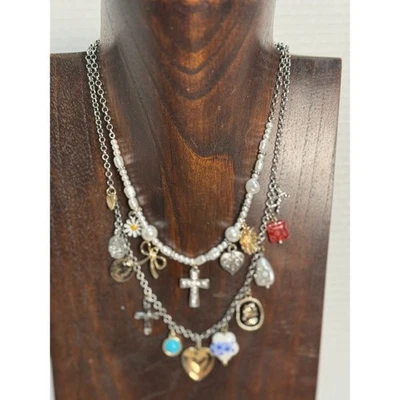 Collar con dije en capas dorado plata perla margarita cruz corazón joyería de moda nuevo con etiquetas Foto 1 de 4