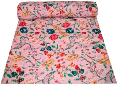 Indian Cotton Floral Print Kantha Quilt Handmade Bedspread Reversible Blanket  - Image 1 of 4