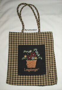 Longaberger Khaki Check Little Tote Bag - Embroidered Floral Basket Design