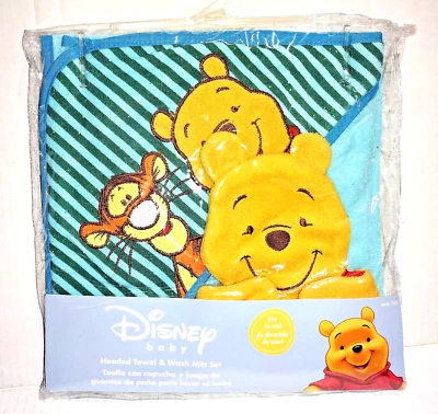 Disney Winnie The Pooh Hooded Baby Towel and Wash Mitt Set Blue - Image 1 of 3