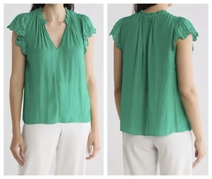 Ramy Brook Damen Hermine grün Rüschenbesatz Flügelärmel vorne zum Binden Top L $ 345 Neu mit Etikett - Bild 1 von 9