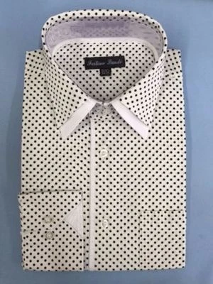 Camisa de vestir de algodón de moda a lunares mini para hombre #617 blanca y negra Foto 1 de 4