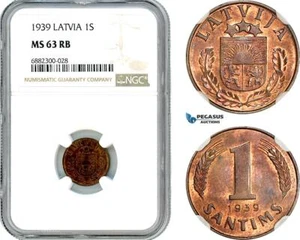 AJ479, Latvia, 1 Santims 1939, Riga Mint, NGC MS63RB - Picture 1 of 1