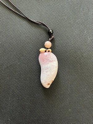 natural coral jade pink, white, and yellow beetle on gourd necklace - Image 1 of 4