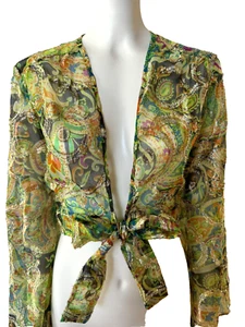 Sheer Tie Front Crop Top Floral Metallic Vintage Flutter Sleeve Sz S/M Fairy - Picture 1 of 9