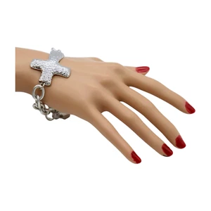 Women Silver Metal Chain Link Wrist Bracelet Hammered Cross Charm Day Night Wear - Bild 1 von 15