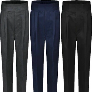 BOYS PULL UP SCHOOL TROUSER BLACK GREY NAVY ELASTICATED BACK SCHOOL WEAR UNIFORM - Picture 1 of 4