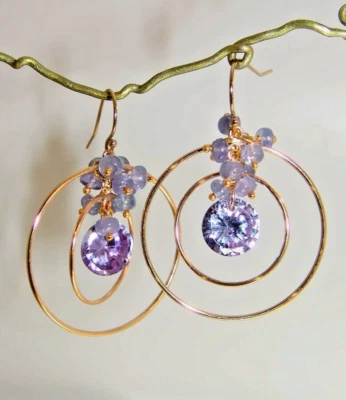 Серьги-кольца из золота 14 карат с танзанитом кварцем Rondelles серьги-бриолеты с драгоценными камнями - Изображение 1 из 4