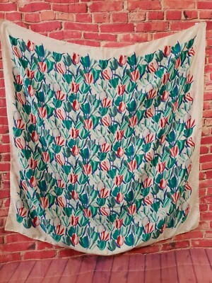 FENDI, Diseñador, Italia Roma Seda Tulipanes Bufanda Verde 36"X 37" Dobladillo Enrollado a Mano #H Foto 1 de 4