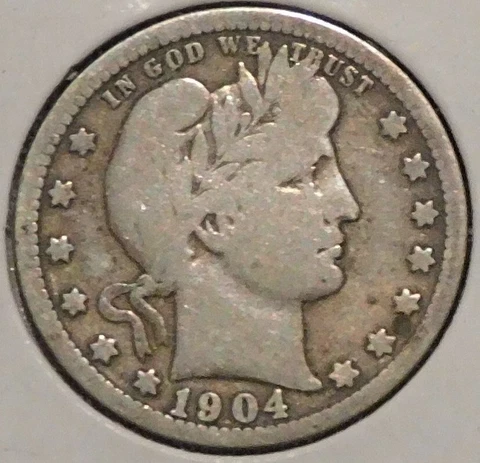 Silver Quarter - Barber - 1904-O (VG / Cleaned) - $1 Unlimited Shipping Cover
